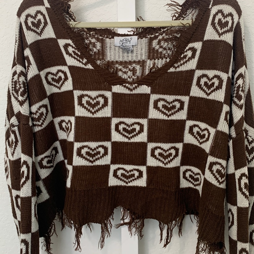 Just Polly Checkered Heart Graphics Distressed Oversized Slouchy Sweater - Picture 4 of 7